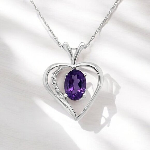 Jewelry - Oval Amethyst and Diamond Accent Heart Pendant in 10kt White Gold